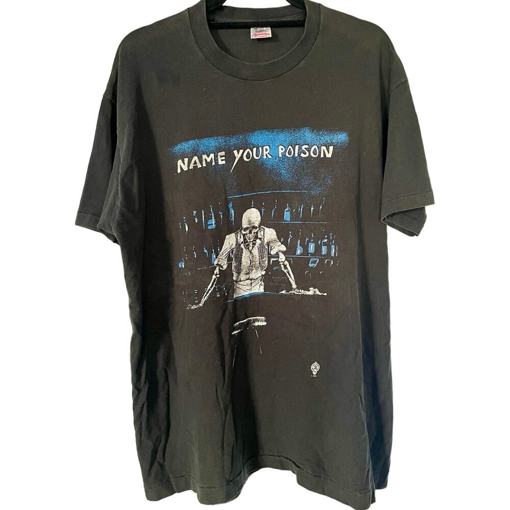 Vintage 90s Pick Your Poison Skeleton Bartender 1995 Single Stitch Shirt XL